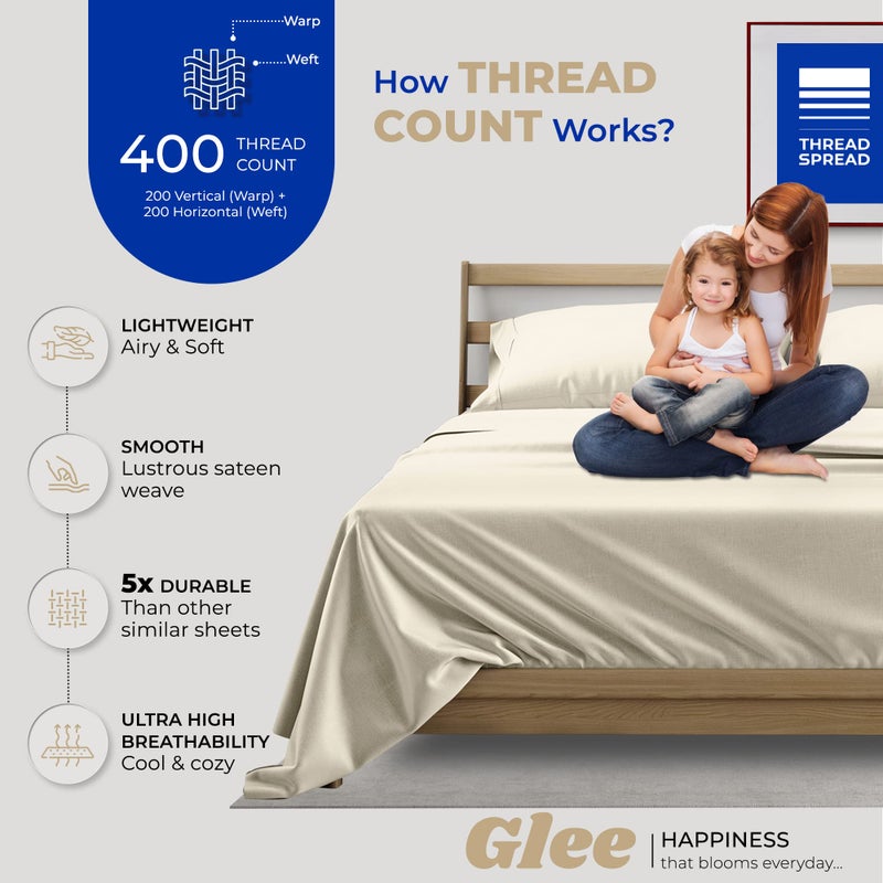 THREAD SPREAD 100% Cotton Twin Sheet Set - 400 Thread Count, 3 PC, Cooling & Luxury Sateen, 16" Deep Pocket, Breathable for Dorm Room (Ivory) - Image 2
